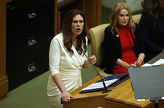 Gov. Sarah Huckabee Sanders gives the State of the State address on Wednesday, April 10, 2024, at the state Capitol in Little Rock. (Arkansas Democrat-Gazette/Thomas Metthe)